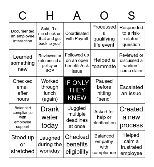 Organized Chaos Bingo Card