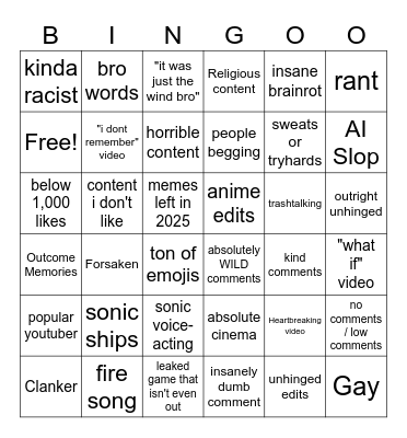 Shorts Bingo Card