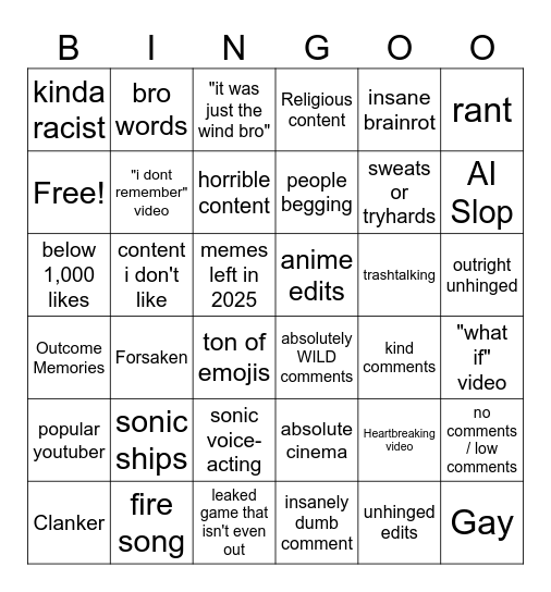 Shorts Bingo Card