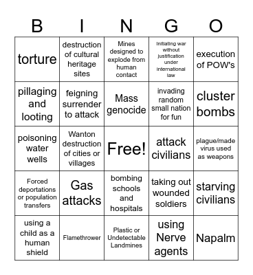 War crimes Bingo Card