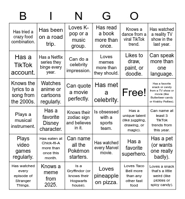 First Day Bingo Card