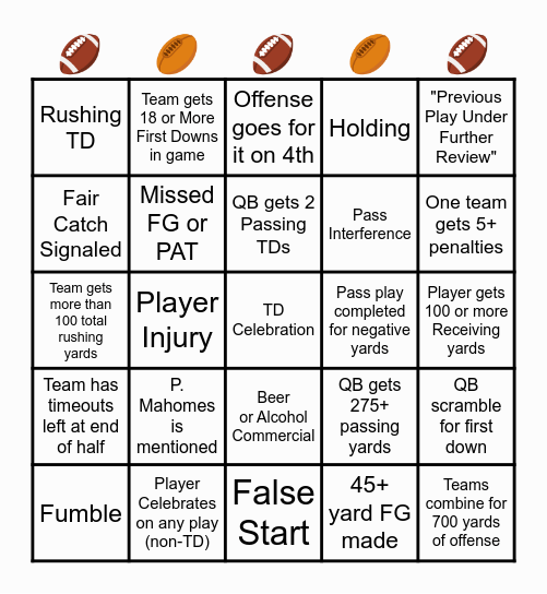 NFL Bingo Card
