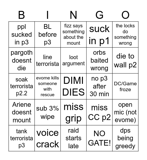 DIMI DIES TONIGHT Bingo Card
