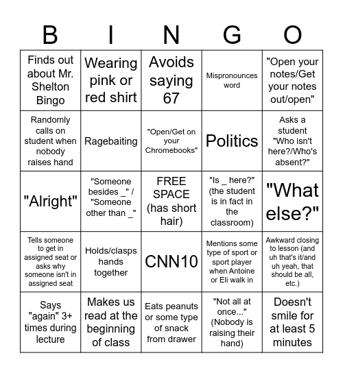 Mr. Shelton Bingo Card