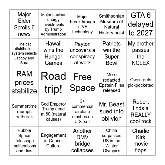 Pickle’s 2026 Bingo Card