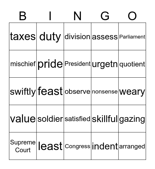 Core Vocabulary Bingo Card