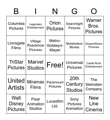 Movie Studio Bingo Card