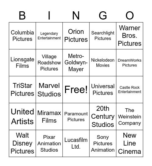 Movie Studio Bingo Card