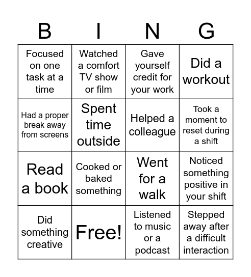 Wellbeing Bingo Card