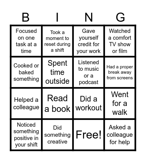 Wellbeing Bingo Card