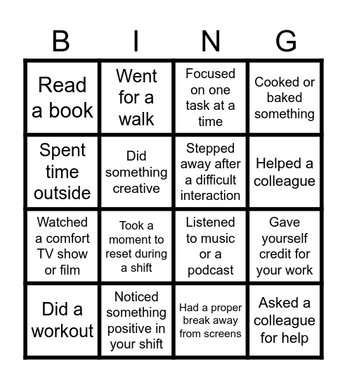 Wellbeing Bingo Card