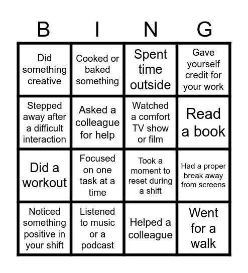 Wellbeing Bingo Card
