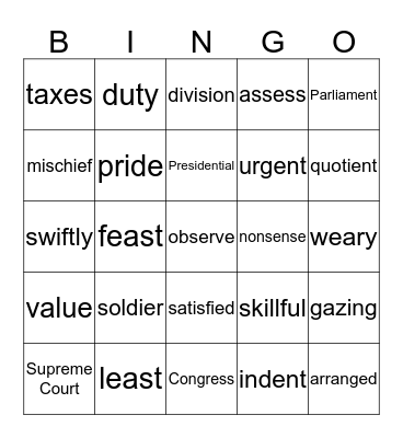 Core Vocabulary Bingo Card