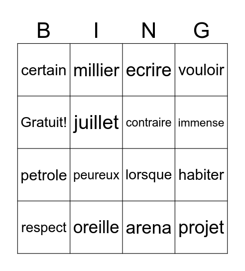 Mots de la semaine Bingo Card