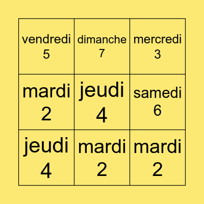 Days of the week Bingo Card