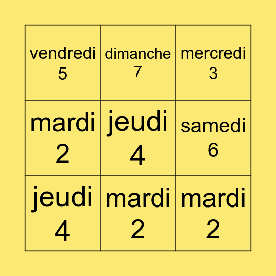 Days of the week Bingo Card