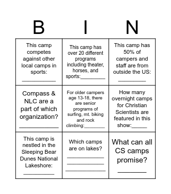 All Camps Bingo Card Bingo Card