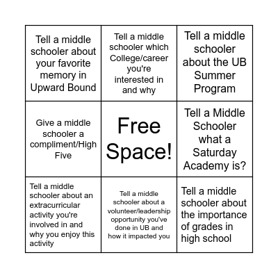 Upward Bound Bingo Card
