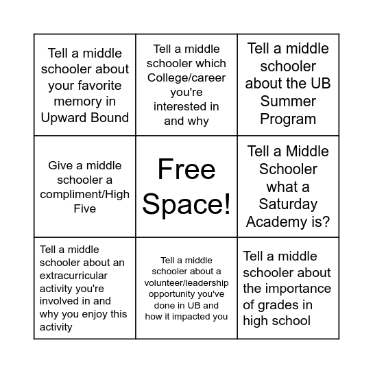 Upward Bound Bingo Card