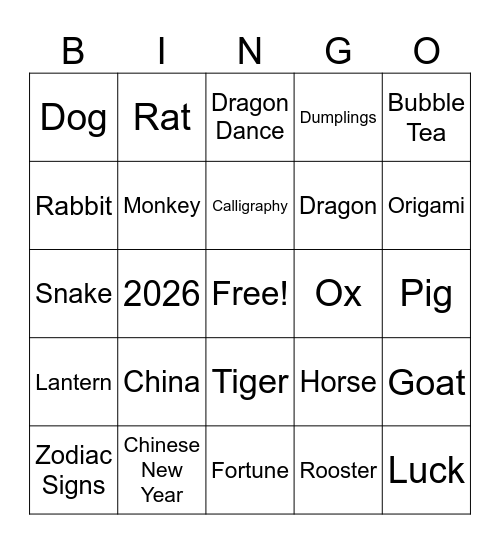 Chinese New Year Bingo Card