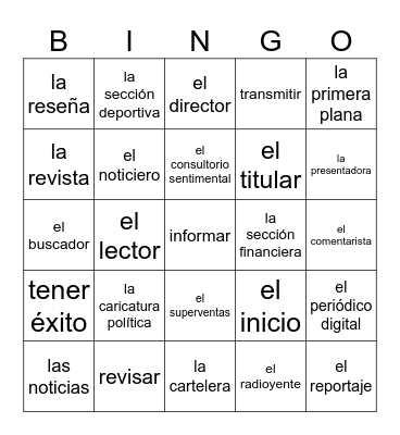 Ch. 13 Primera Parte Vocabulary Bingo Card