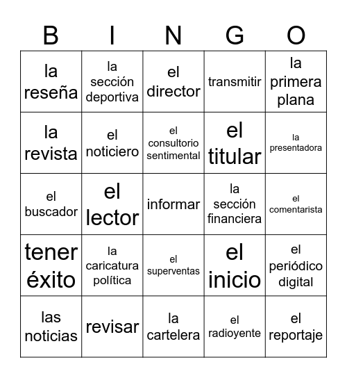 Ch. 13 Primera Parte Vocabulary Bingo Card