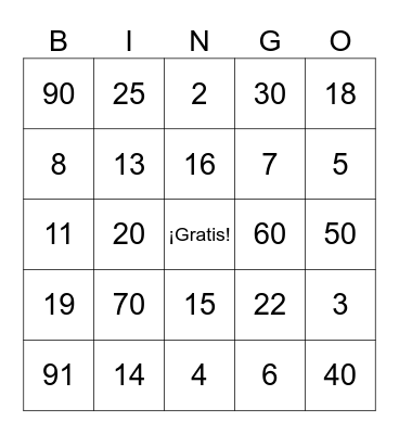 Bingo-Los Números Bingo Card