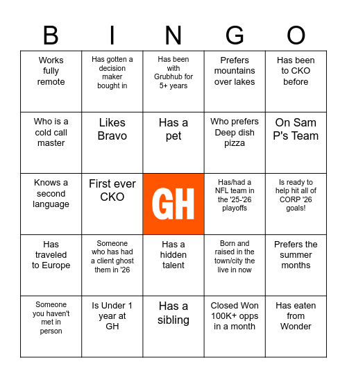 Grubhub Bingo Card