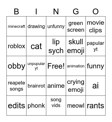 youtube shorts Bingo Card