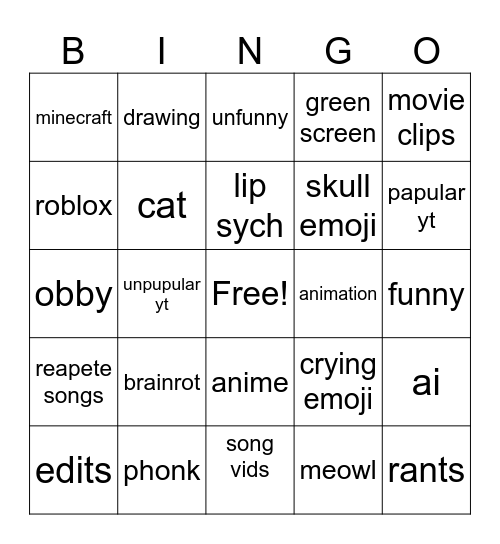 youtube shorts Bingo Card