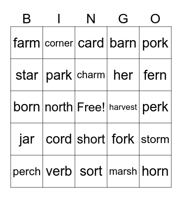 R Controlled Vowels Bingo Card