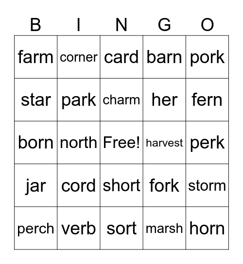 R Controlled Vowels Bingo Card