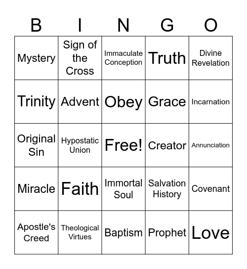 St. John Fisher Religious Ed. 6th-8th Gr. Bingo Card