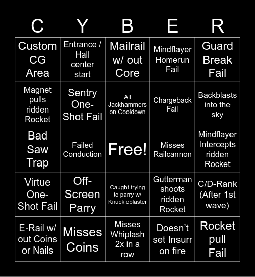 Cybergrind Sin Bingo Card