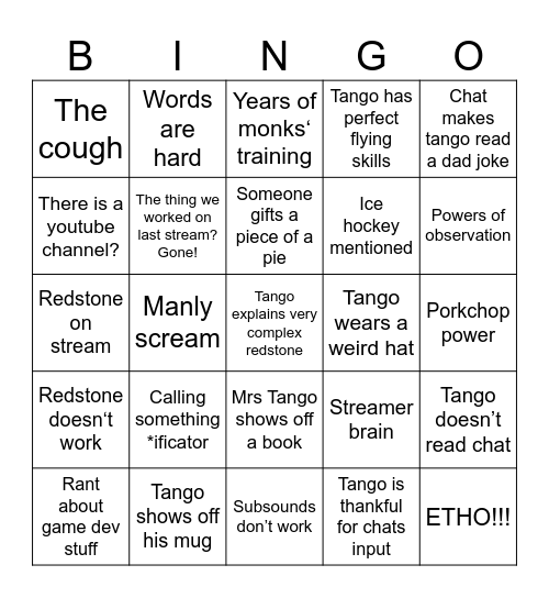 TangoTek Stream Bingo 2026 Bingo Card
