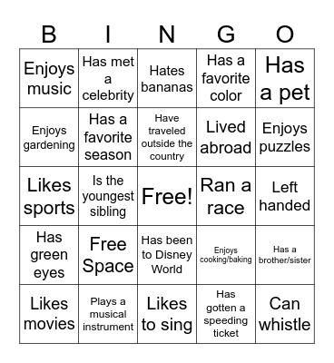 Get to know you! Bingo Card