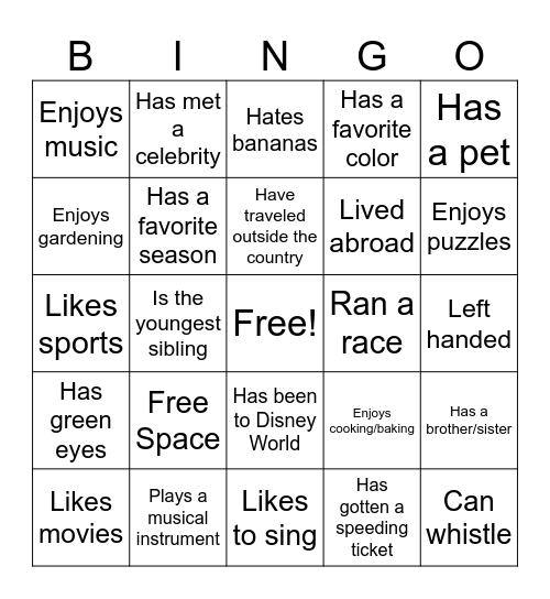 Get to know you! Bingo Card