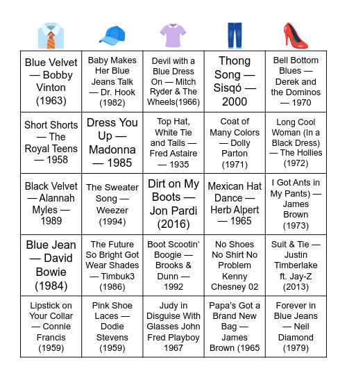 SONG WITH AN ARTICLE OF CLOTHING IN THE TITLE Bingo Card