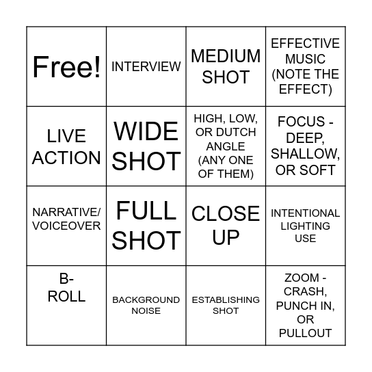 DOCUMENTARY BINGO Card