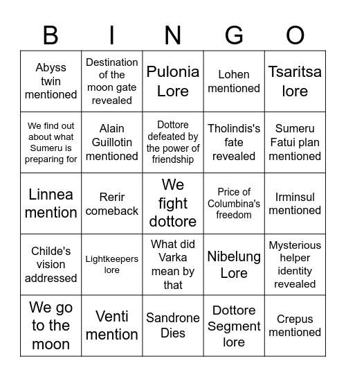 Luna IV Archon Quest Bingo Card