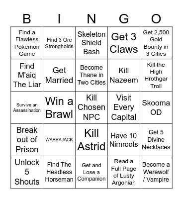 Skyrim Versus Bingo #2 Bingo Card