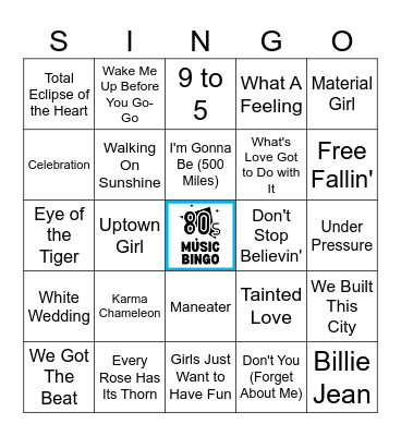 80s Music Bingo (50 songs) Bingo Card