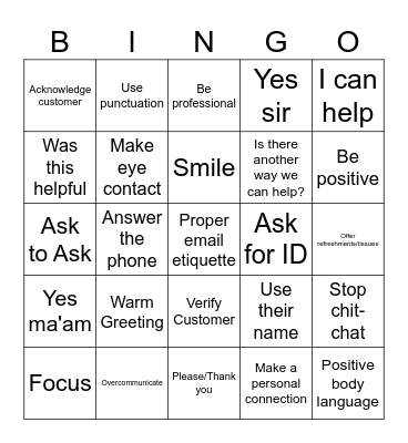 Customer Service Bingo Card