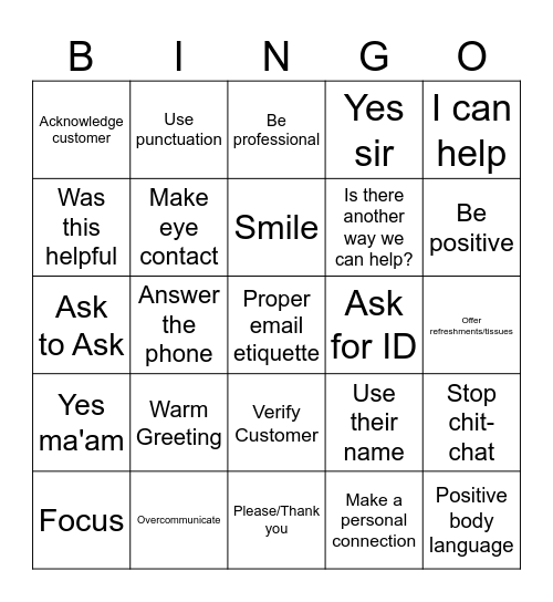 Customer Service Bingo Card