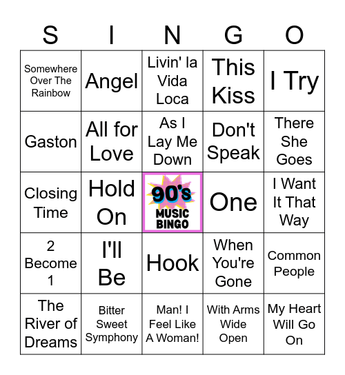 1990s Music Bingo (44 songs) Bingo Card