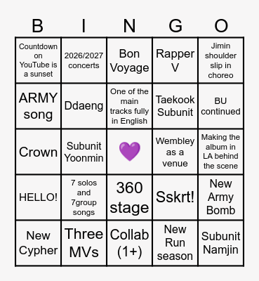 BTS COMEBACK 2026 Bingo Card