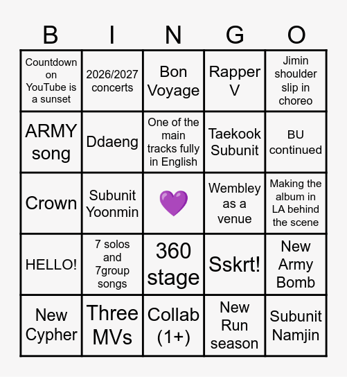 BTS COMEBACK 2026 Bingo Card
