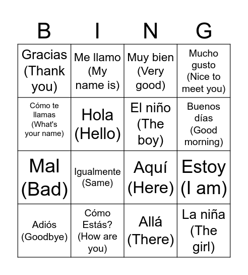 Spanish Greetings Bingo Card
