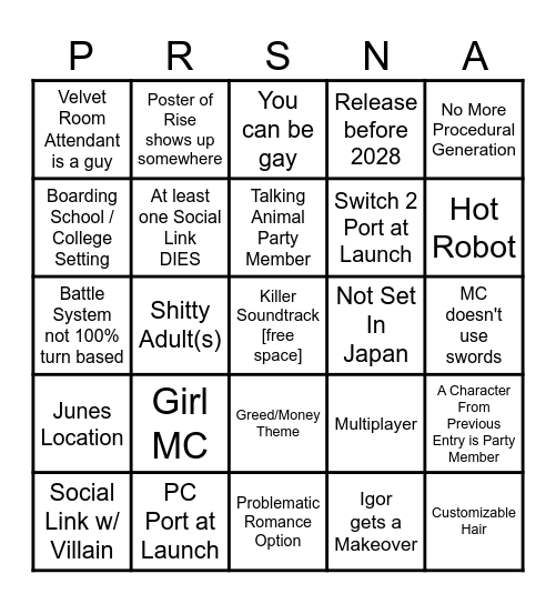 Persona 6 Bingo Card