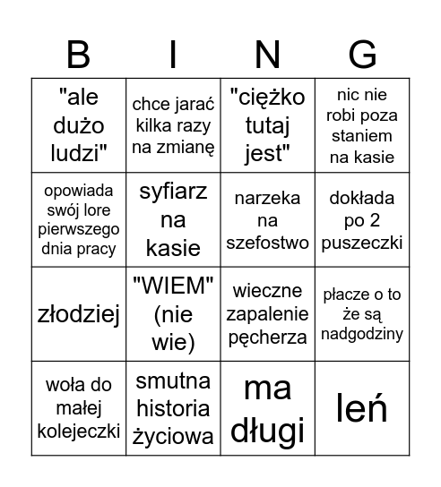 Nowy pracownik Żabki Bingo Card